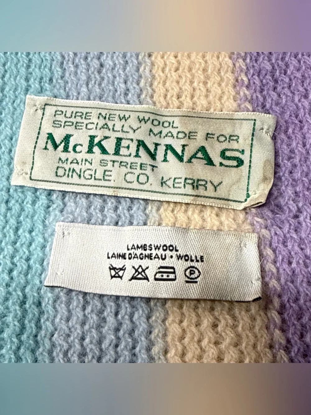 Mc Kennas 100% Pure New Wool Knitted Fringe Hem Scarf Women Pastel Striped 8x76